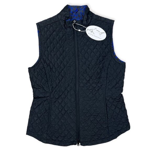 Greg Norman Blue and Black Printed/ Black Quilted Reversible Zip Up Vest - Picture 2 of 11